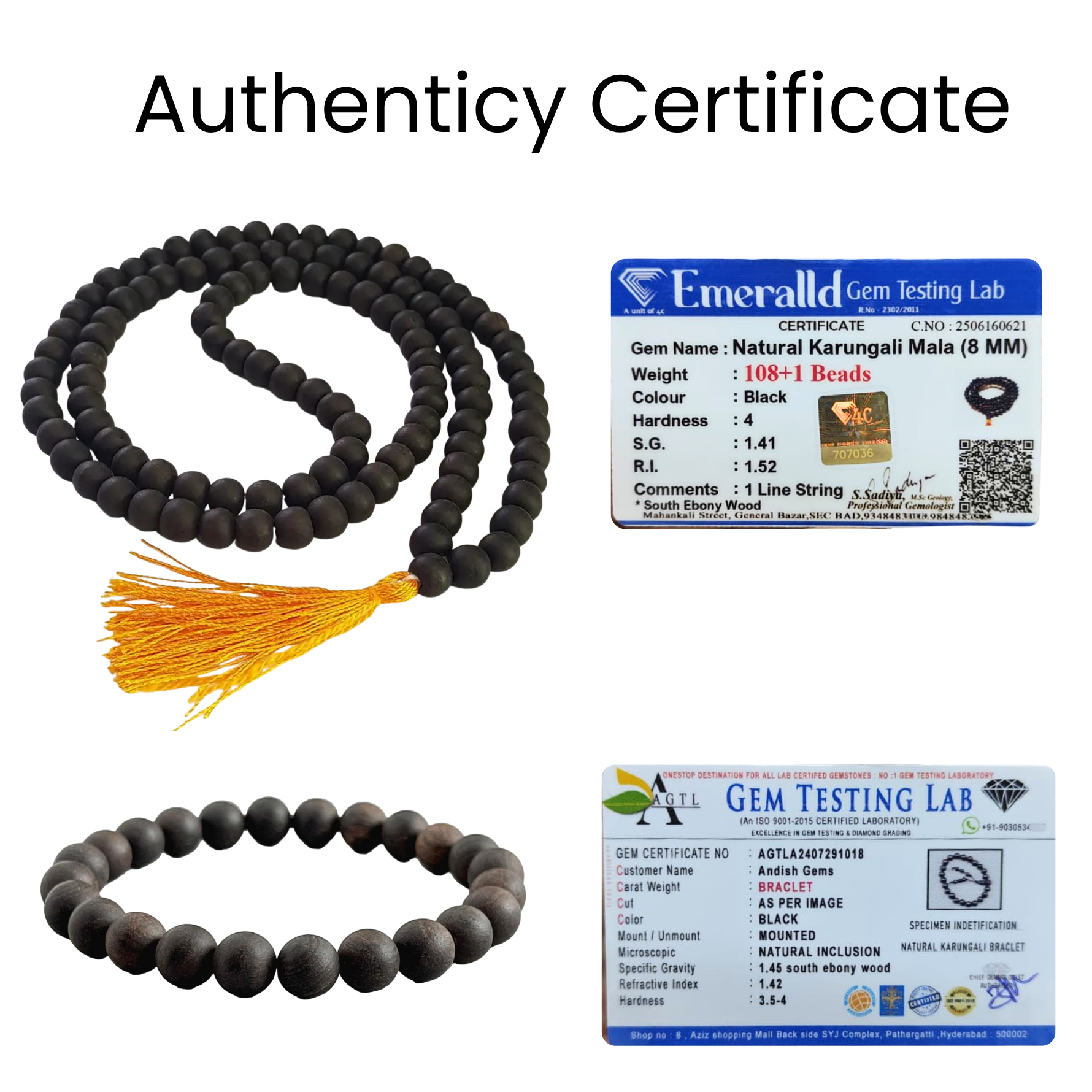 Original Karungali Malai & Karungali Malai Bracelet Combo with Govt. Certification- 8mm