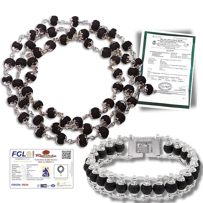 Silver Plated Certified Karungali Malai & Bracelet Combo- 8mm